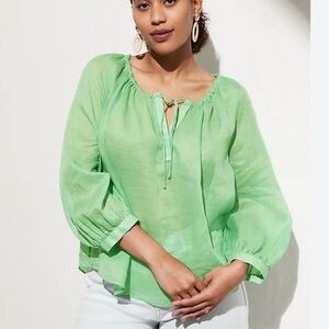 Banana Republic Green Ramie lightweight tie front balloon sleeves blouse Small